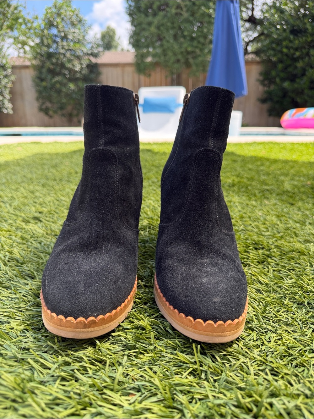See by Chloé Black Suede Ankle Booties with Tan Scalloped Sole
